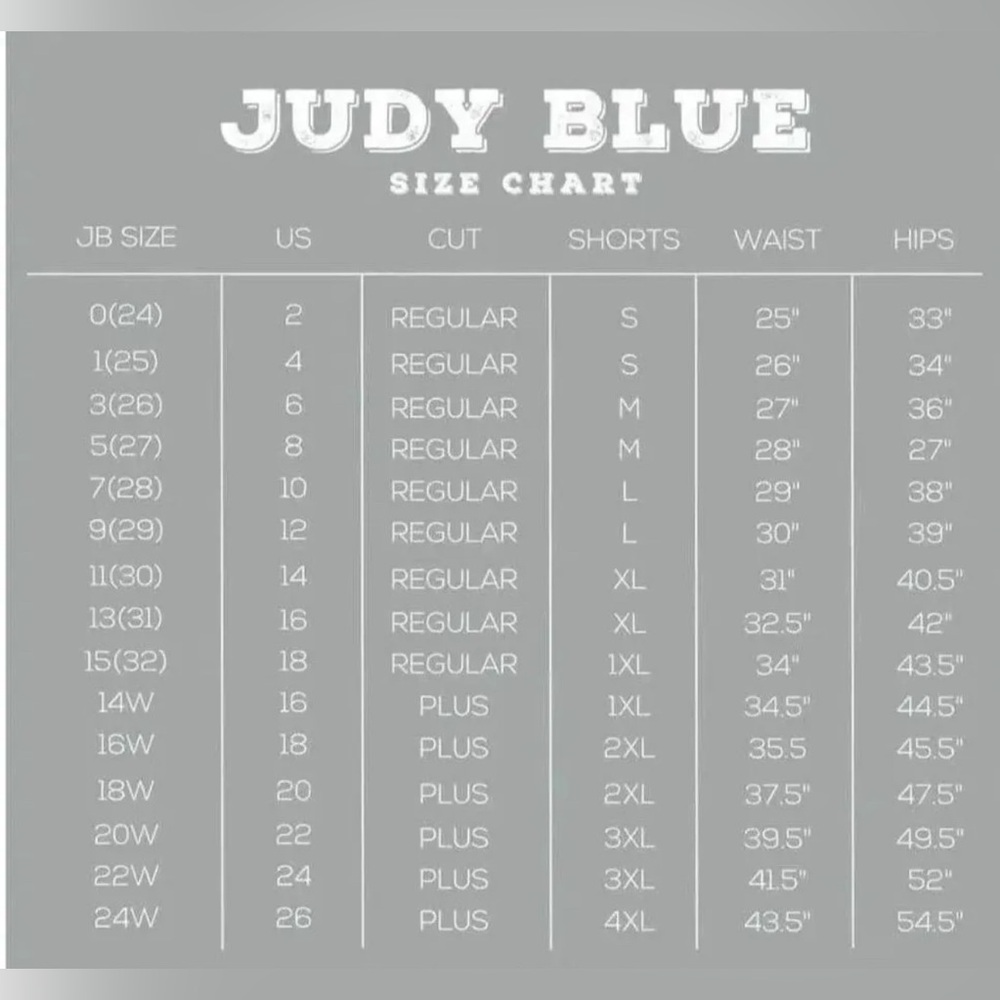 Judy Blue & Risen Women's Jeans Size Charts